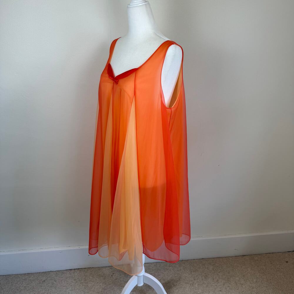 Vtg 60s 70s M Vanity Fair Orange Red Chiffon Mod Babydoll Nightgown USA - Picture 4 of 11